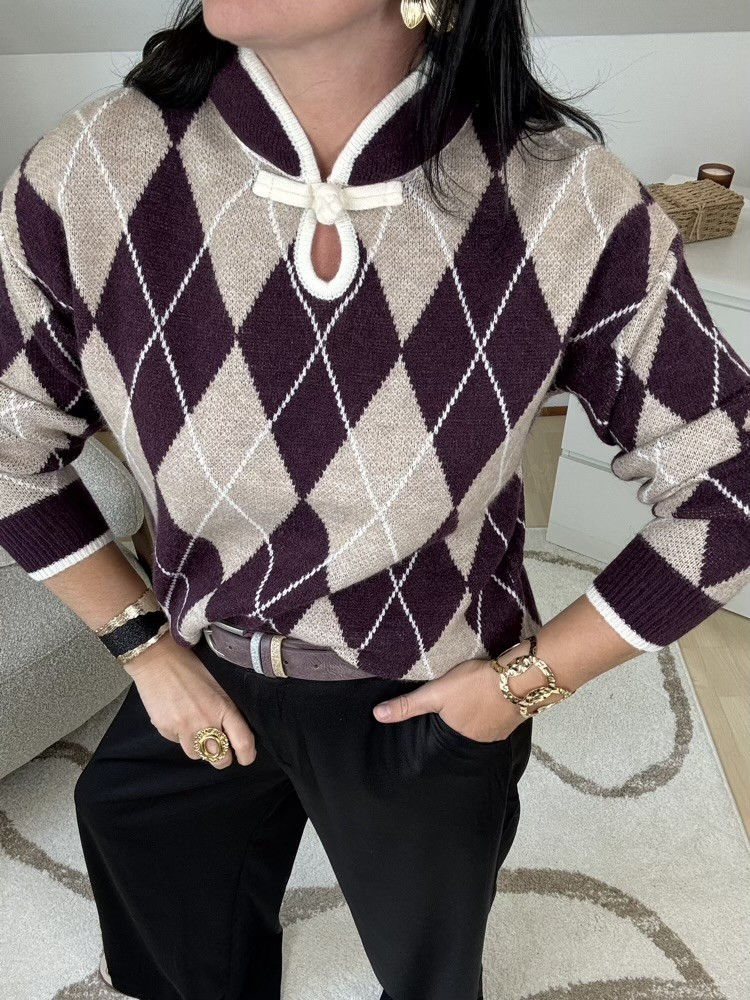 Pull jacquard beige et prune 