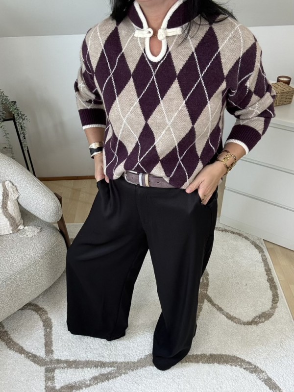 Pull jacquard beige et prune 