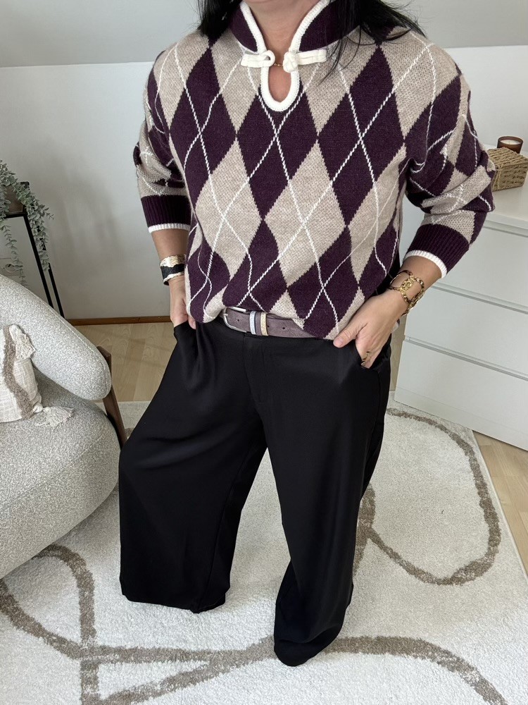 Pull jacquard beige et prune 