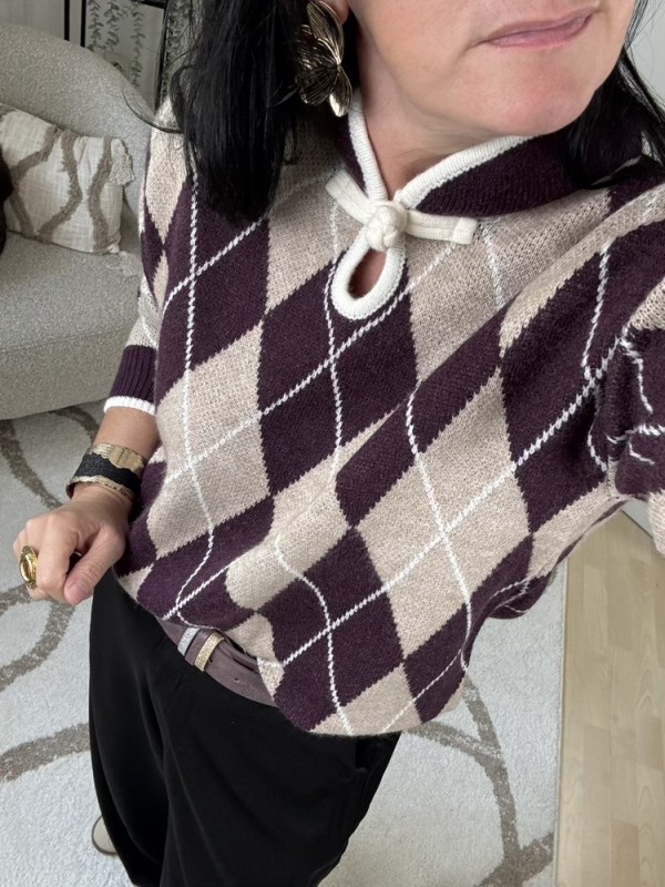 Pull jacquard beige et prune 