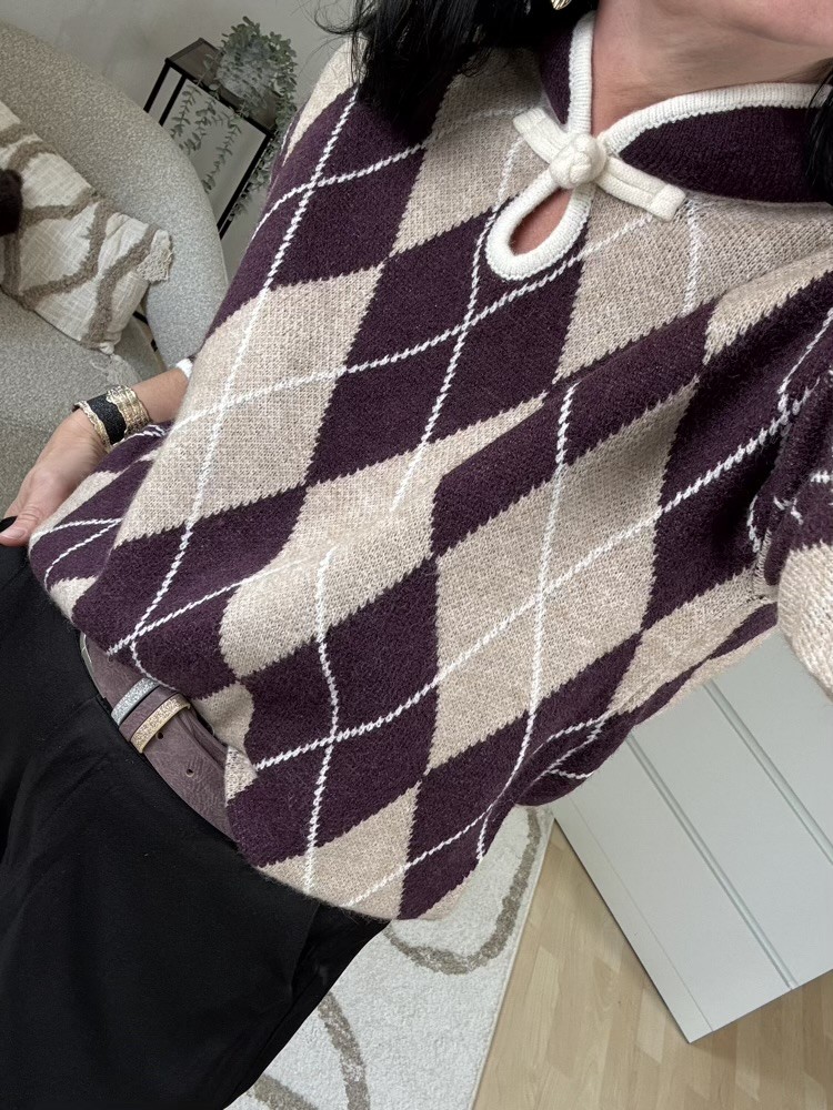 Pull jacquard beige et prune 
