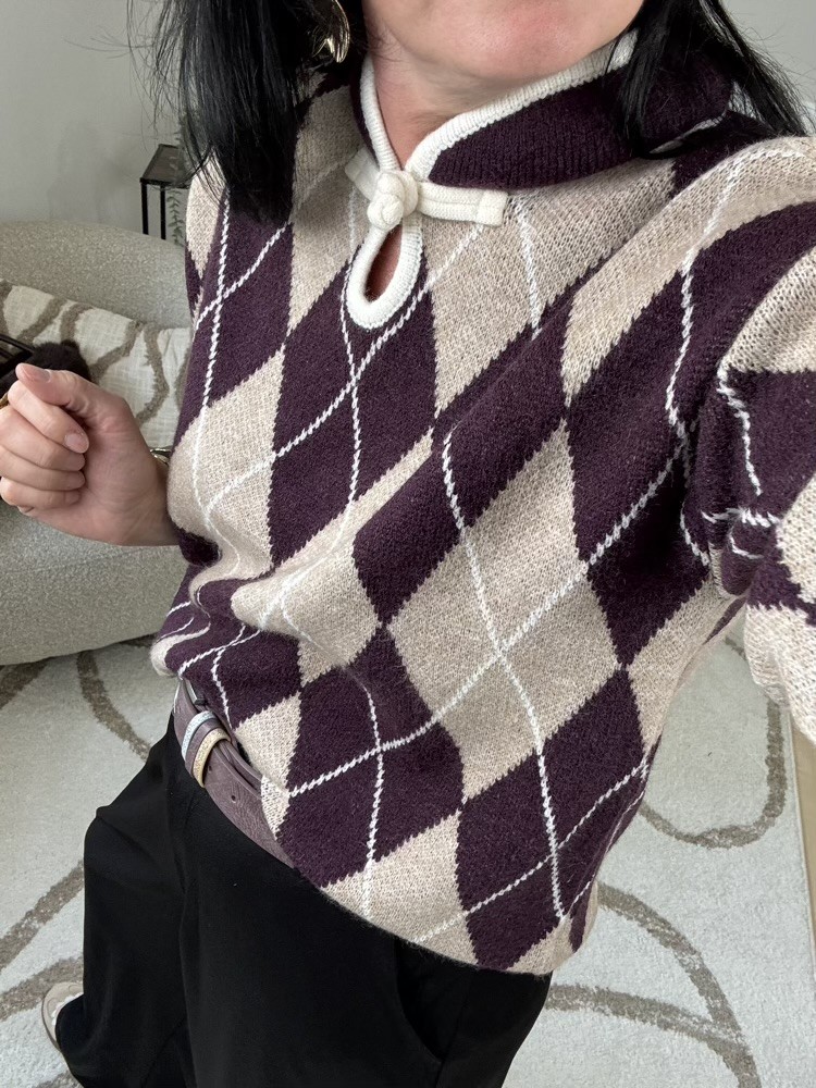 Pull jacquard beige et prune 