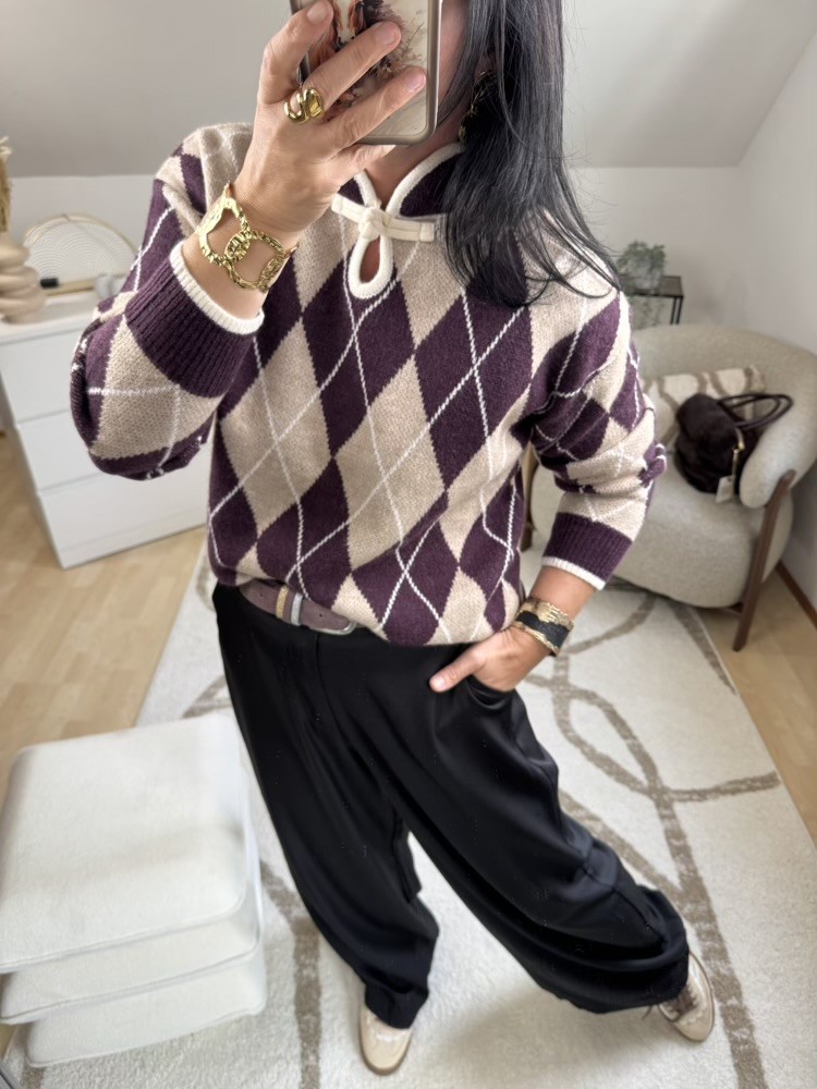 Pull jacquard beige et prune 