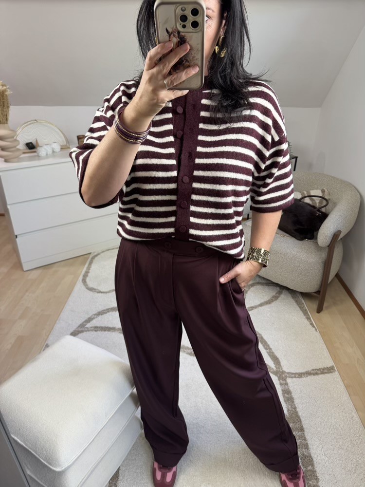 Gilet manches courtes rayée Bordeaux et Ecru 