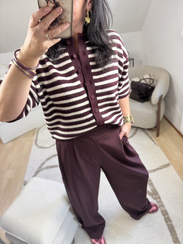 Gilet manches courtes rayée Bordeaux et Ecru 