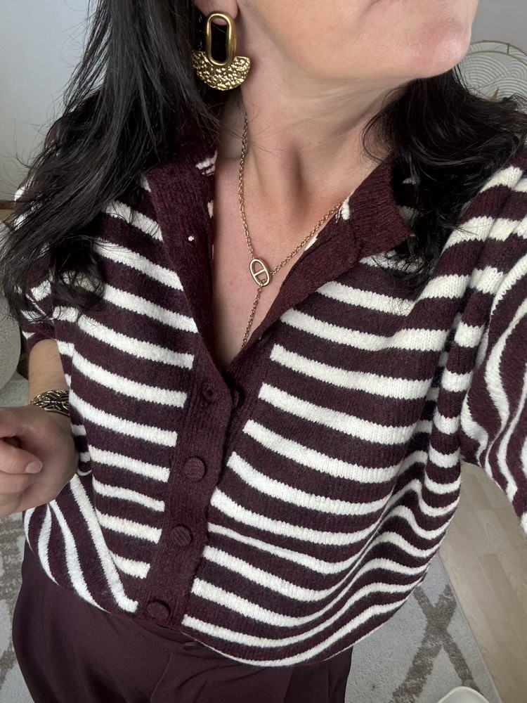 Gilet manches courtes rayée Bordeaux et Ecru 