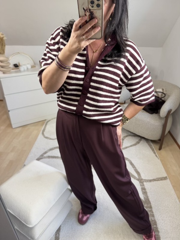 Gilet manches courtes rayée Bordeaux et Ecru 