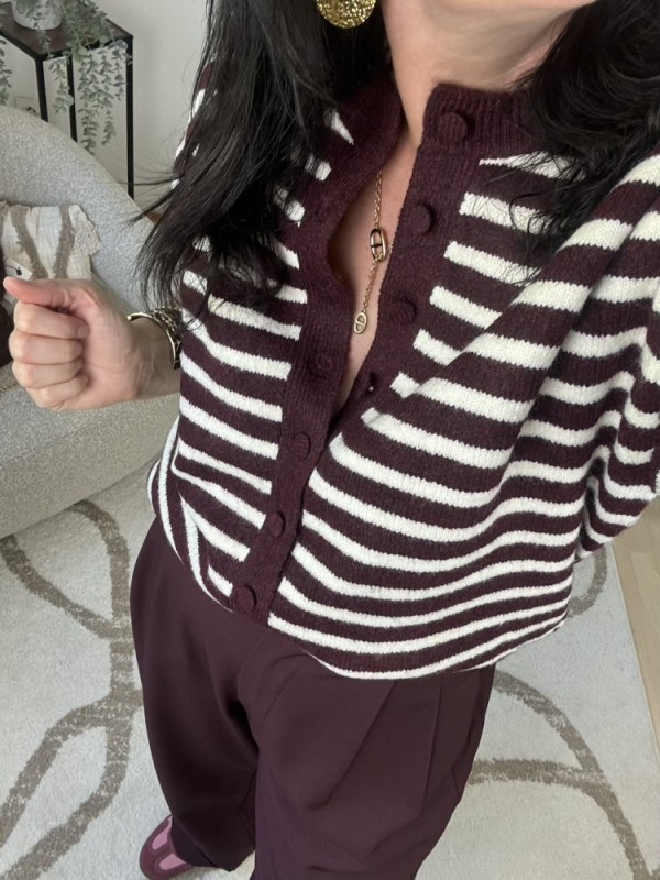 Gilet manches courtes rayée Bordeaux et Ecru 