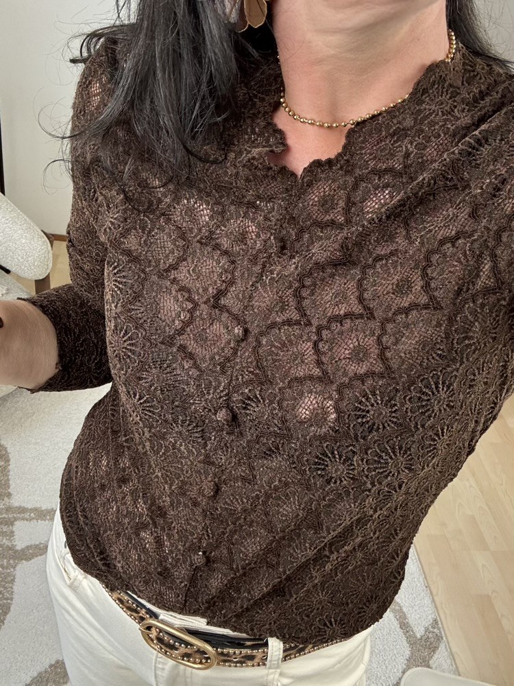 T shirt manches longues Dentelle chocolat 
