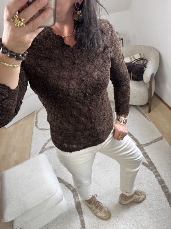 T shirt manches longues Dentelle chocolat 
