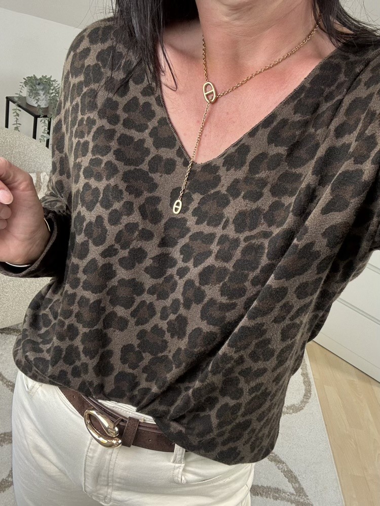 Pull col V motif léopard 